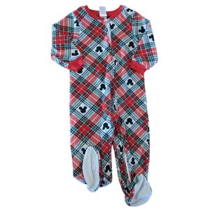 DISNEY Red Green White Plaid Mickey Fleece Full Zip Sleeper Footie Onesie